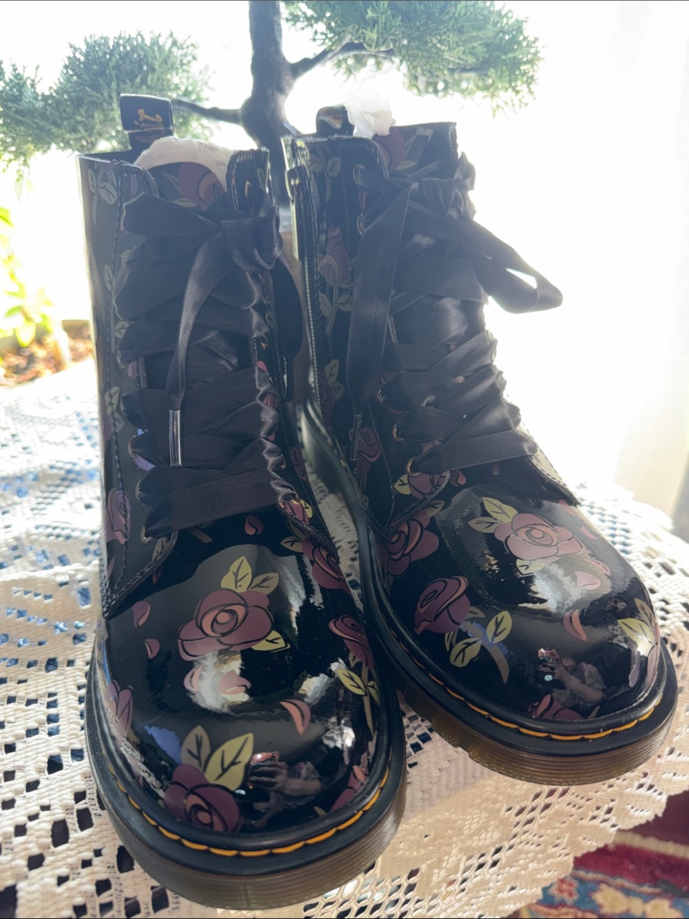 Dr. Martens Black Patent Floral Lace-Up Ankle Boots NIB